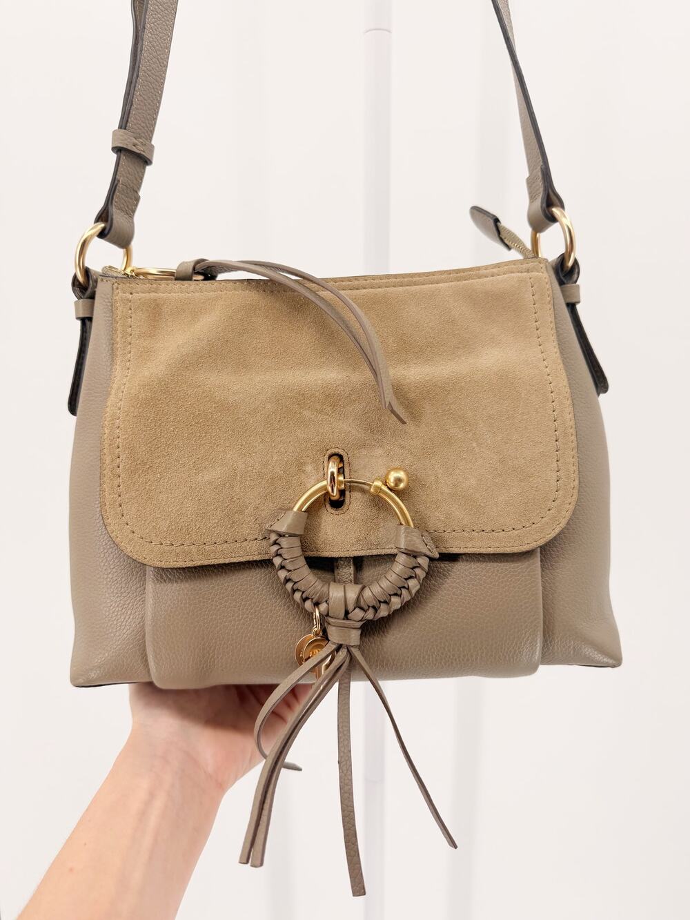 See by Chloe Joan Motty Grey Suede Grained Leather Braided O-Ring Crossbody Bag